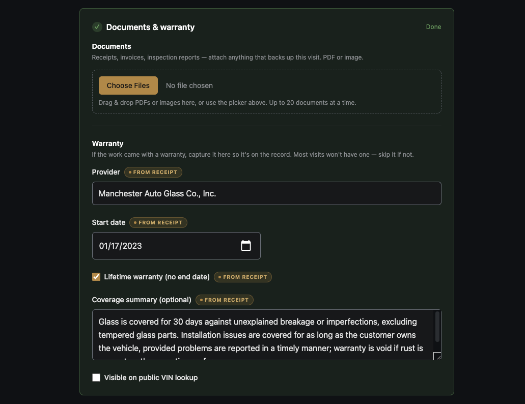 documents and warranty screenshot